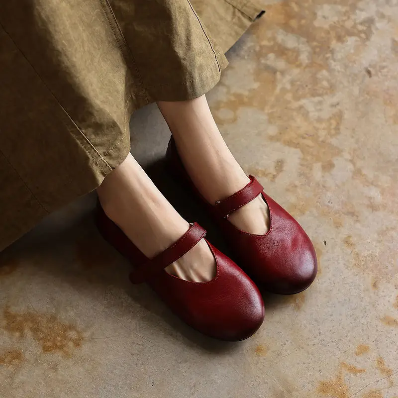Spring Summer Retro Washed Cowhide One Strap Mary Janes Women Soft Foldable Egg Roll Flats Hand Burnished Shoes Plus Size 34-42