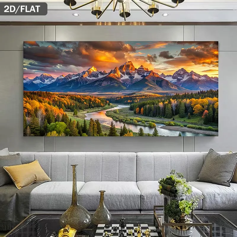 (1PC Unframe)2D Flat, Modern Frameless Canvas - Wide Suitable for &, Mountain River, Panel Suitable for Modern Minimalist Decor,