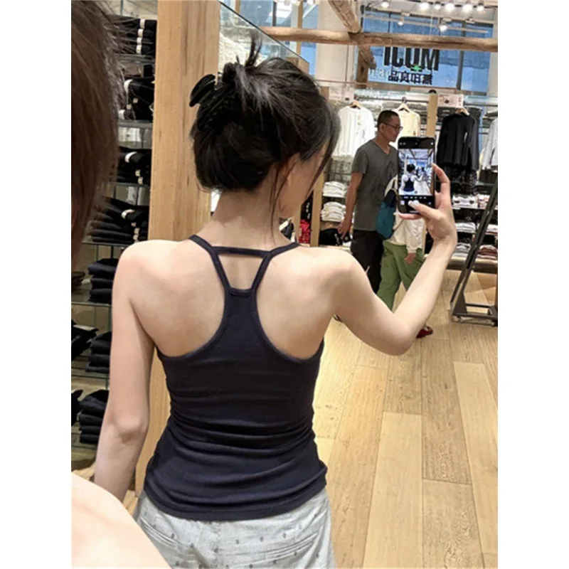 Women Summer Solid Sexy Backless Tank Tops Streetwear Casual Sleeveless Slim Bra Pad Vest Sports Fitness Basic Elastic Camis