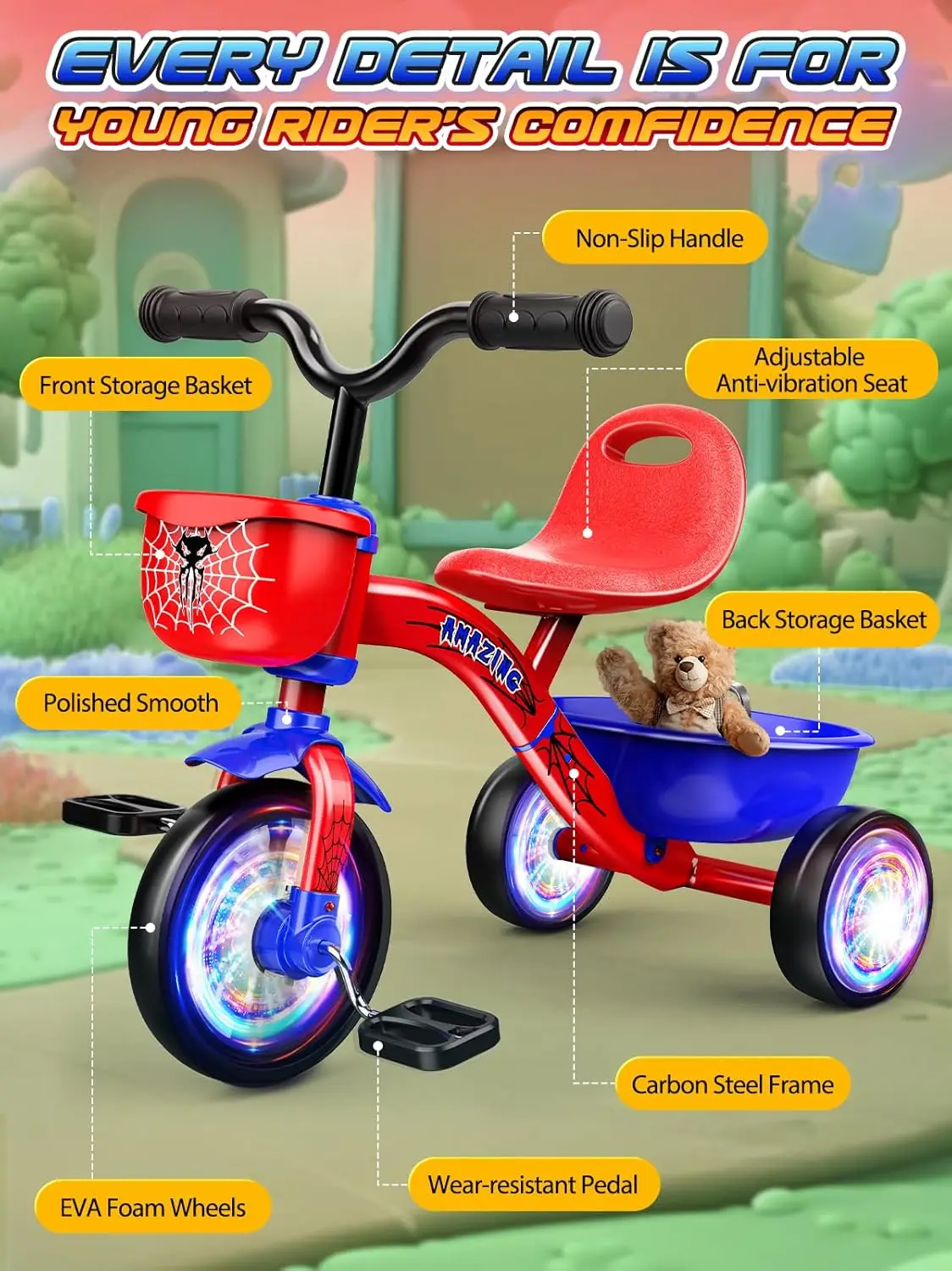 Toddler Tricycle for 1-5 Year Olds, Balance Bike with Colorful Lighting Wheels & Large Basket, Birthday Gift for Boys Girls view 5