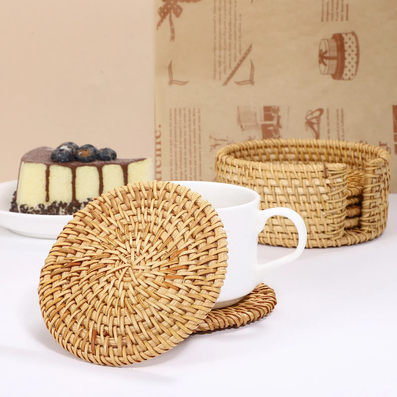 1Set Round Rattan Coaster Set Rustic Woven Cup Pads for Table Coasters with Holder Drinking Coasters Boho Style
