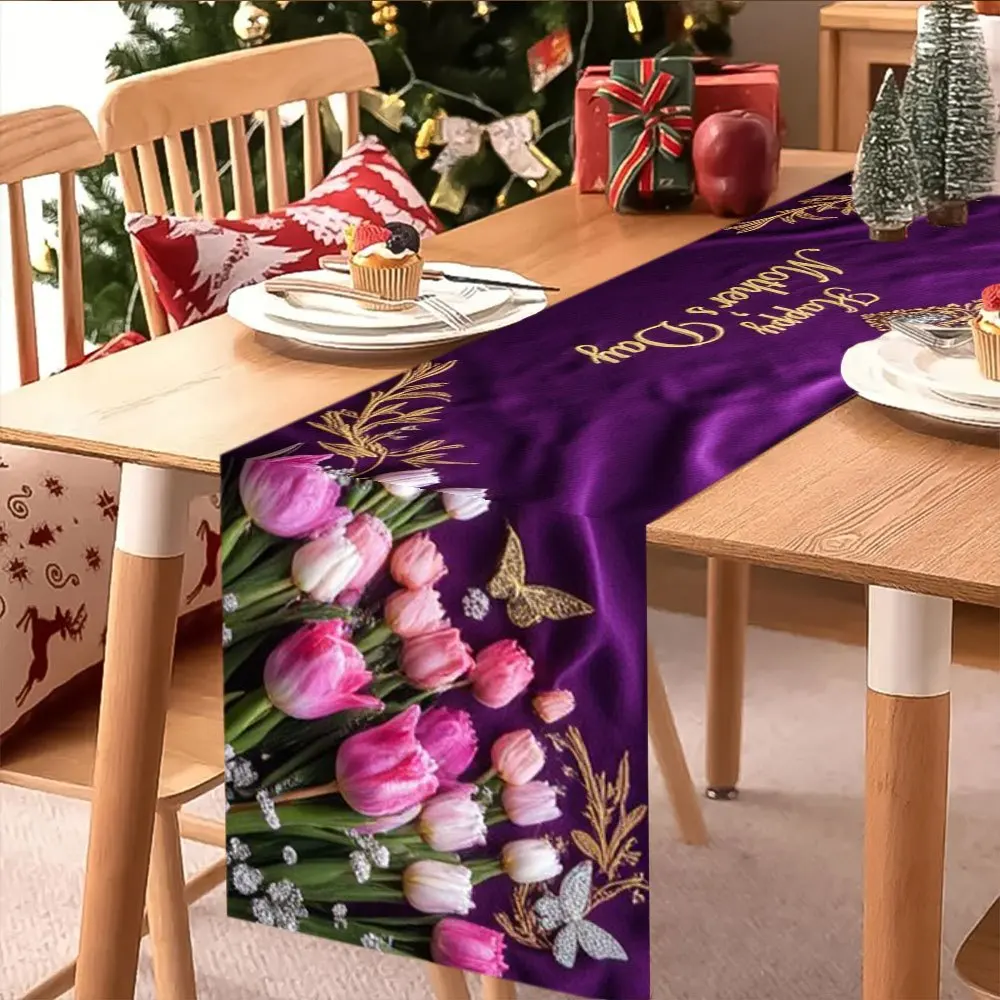 1 Piece of Mother's Day Purple Floral Butterfly Table Runner, Suitable for Farmhouse, Indoor, Kitchen, Celebrations, Table Decoration, Restaurant and Banquet Decoration Supplies