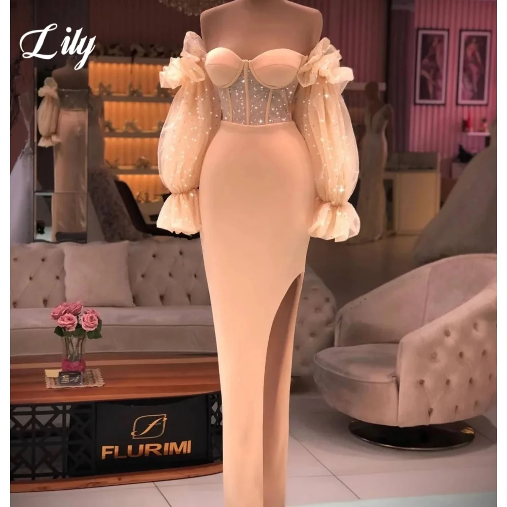 Lily Elegant Modern Style Prom Dress Sweetheart Backless Formal Gown for Woman Shiny Lantern Sleeve Evening Dresses Customized