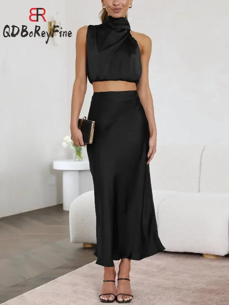 Summer Women Skirts Sets Elegant Fashion Satin Slik Sleeveless Crop Tops and Maxi Skirts Party Evening Sexy Two Piece Set Women