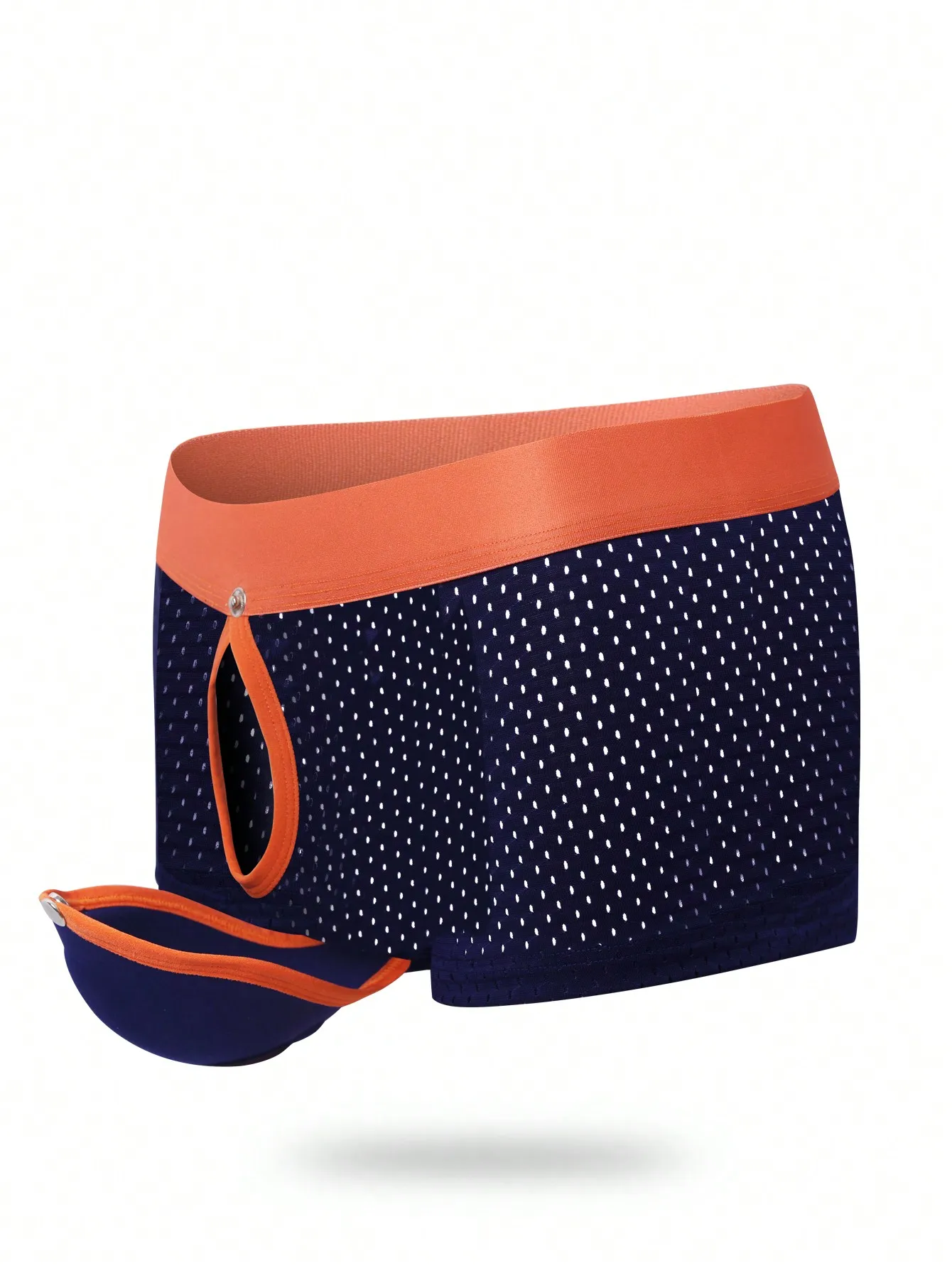 

Мужские трусы-боксеры темно-синего цвета в горошек с оранжевым поясом и передним карманом