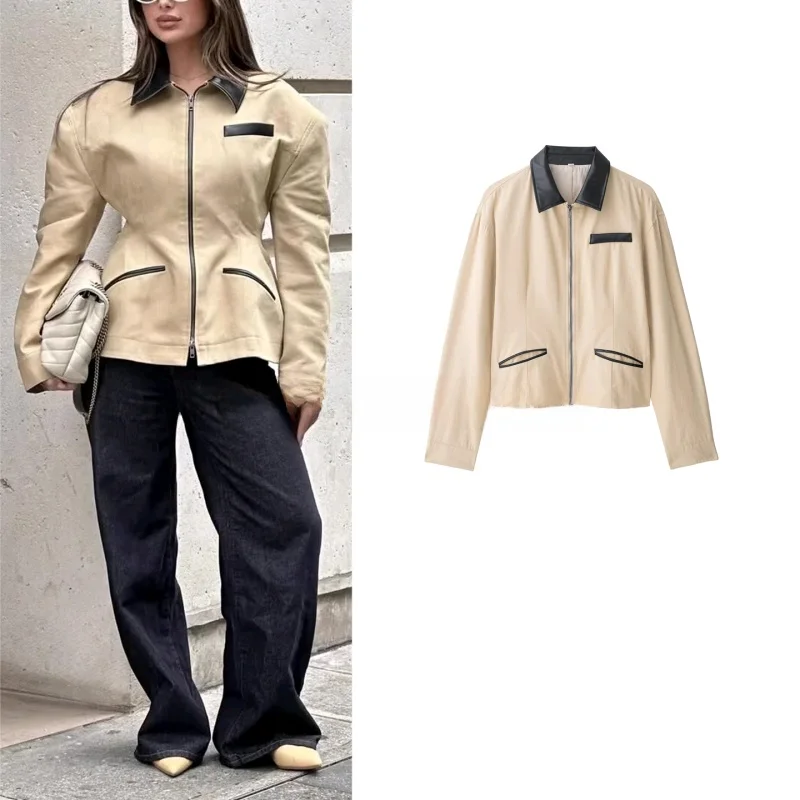 سترة نسائية قصيرة على الطراز البريطاني، معطف من الجلد الصناعي بأكمام طويلة وياقة مقلوبة وإغلاق بسحاب، دافئ وأنيق للسيدات، إصد...