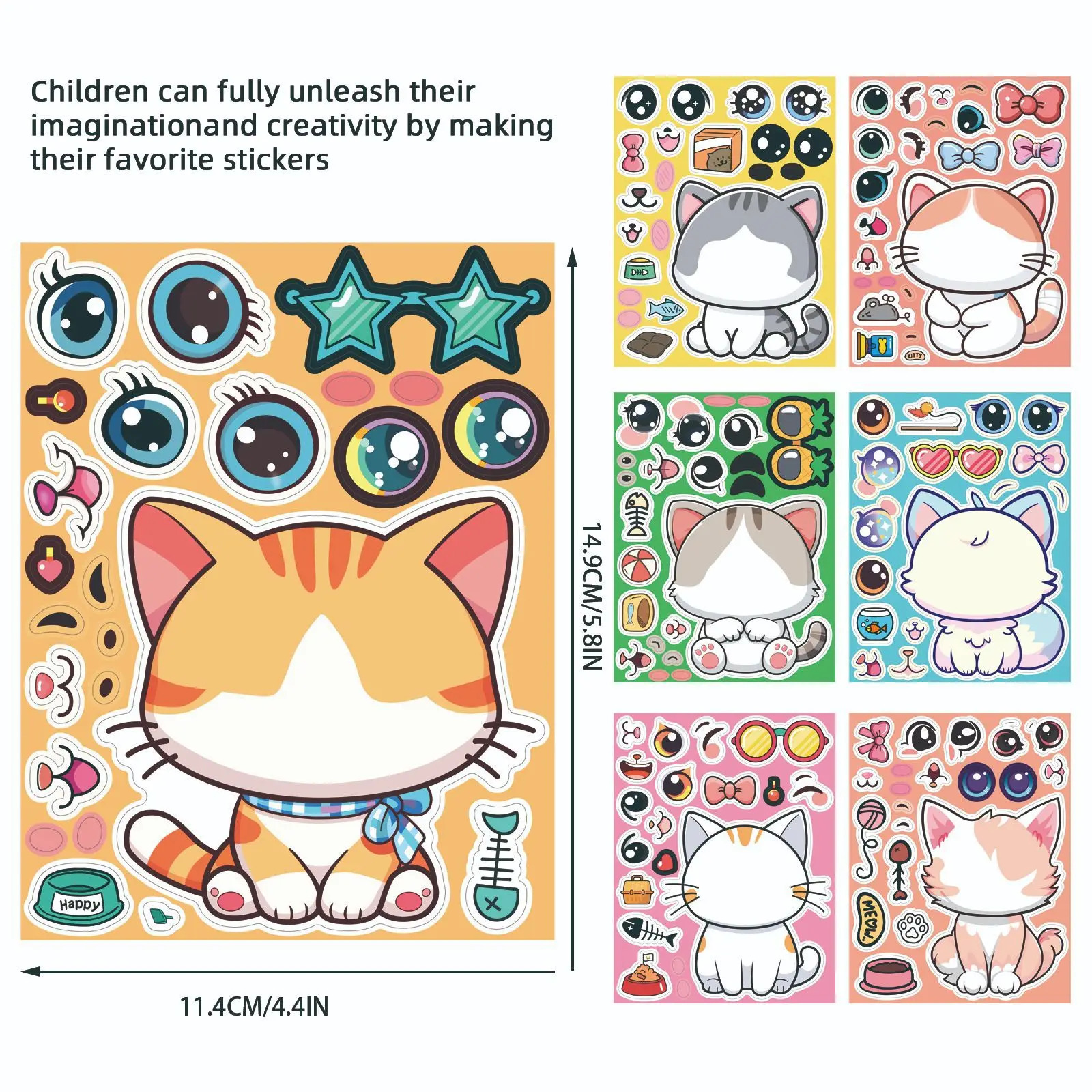 8 Sheets/Pack Cat Face Changing Stickers DIY Puzzle Decals Phone Laptop Luggage Refrigerator Decorative Stickers
