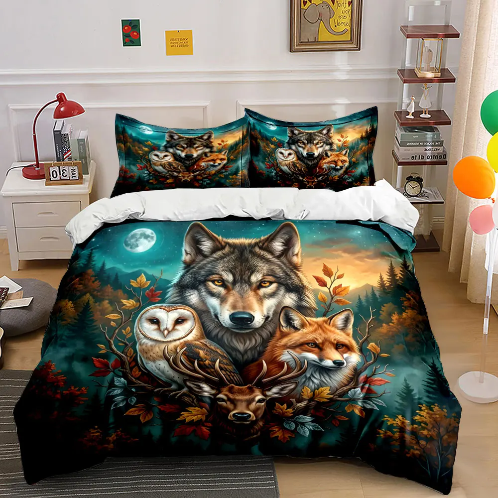 

Wolf, owl, fox, deer and forest pattern Bedding Set 1 Duvet Cover 2 Pillowcases for Adult and Children Luxury Gift Full Size