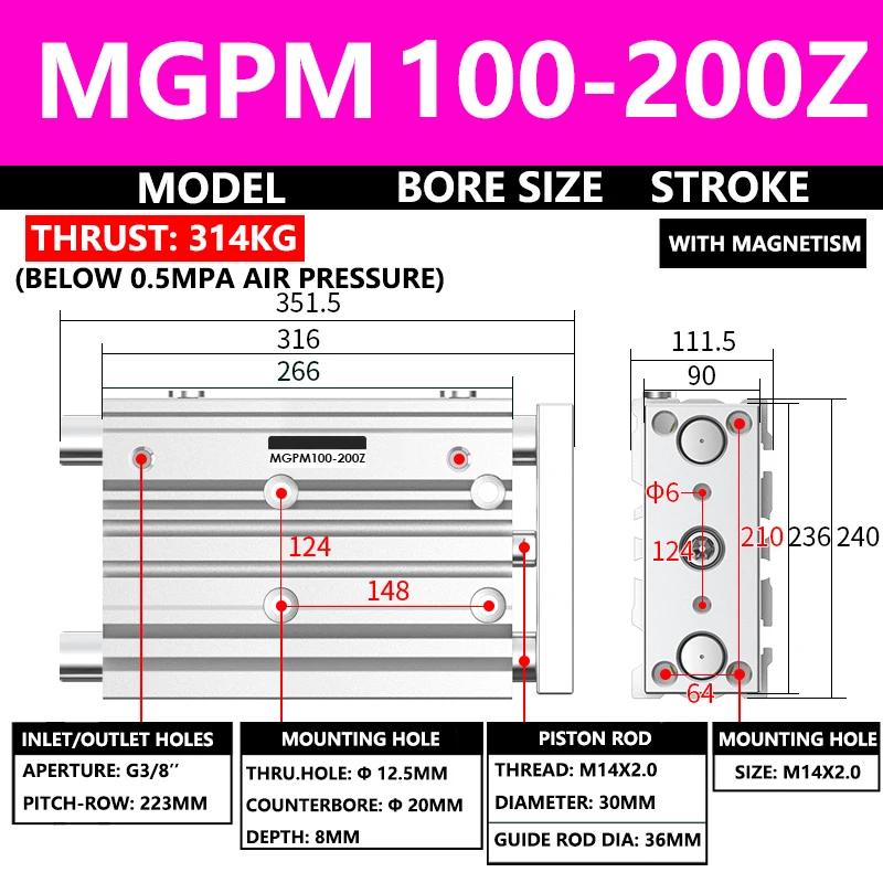 

ABILKEEN MGPM Series Pneumatic Compact Guide Cylinder MGPM100-200Z 100MM Bore X 200MM Stroke Three Axis Three Rod Air Cylinder