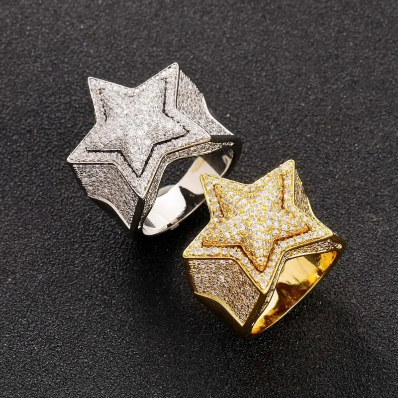 

Lab Diamond Star Shaped Cuban Rings For Men S925 Sterling Silver Gold Plated Ring Hip Hop Halloween Christmas Jewelry Gift