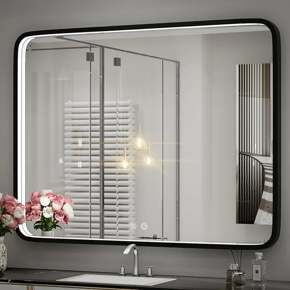 Bathroom mirror with Lights, metal frame illuminated makeup mirror, anti fog design, dimmable and touch switch, makeup mirror