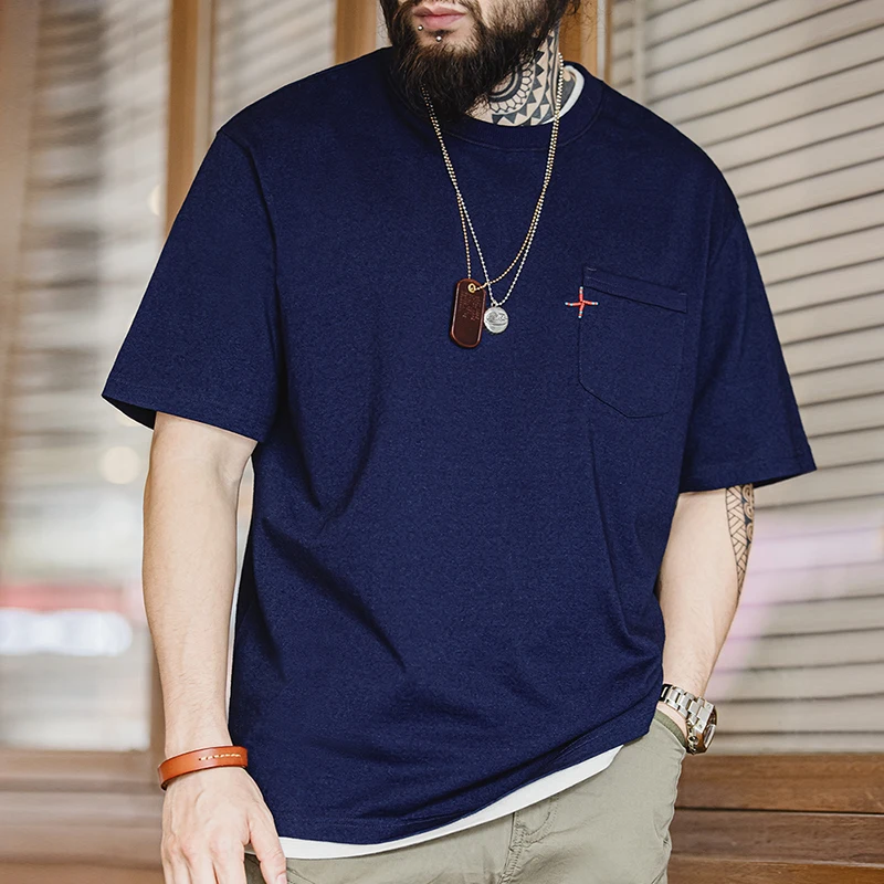 

Maden Retro Indigo Dyed Short Sleeve T-Shirt Men's Summer Chinese Style Embroidered Pocket Round Neck Tee Casual Breathable Top