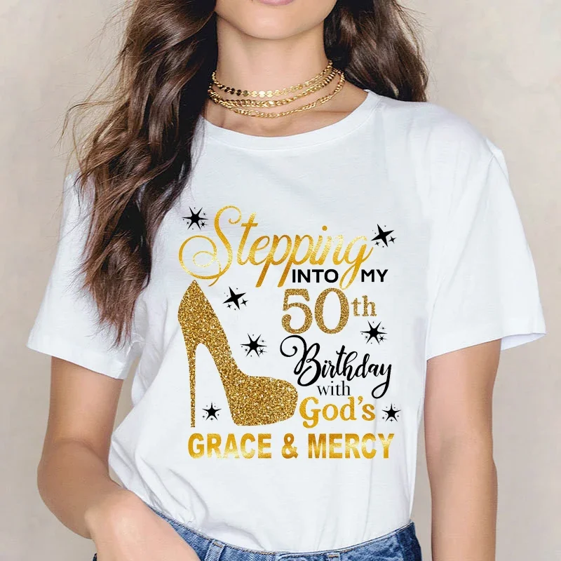 50 & Fabulous 50 Years Old 50th Birthday Diamond Crown Shoes T-Shirt Graphic Tee Tops Woman T Shirts Gift for Mother's Day