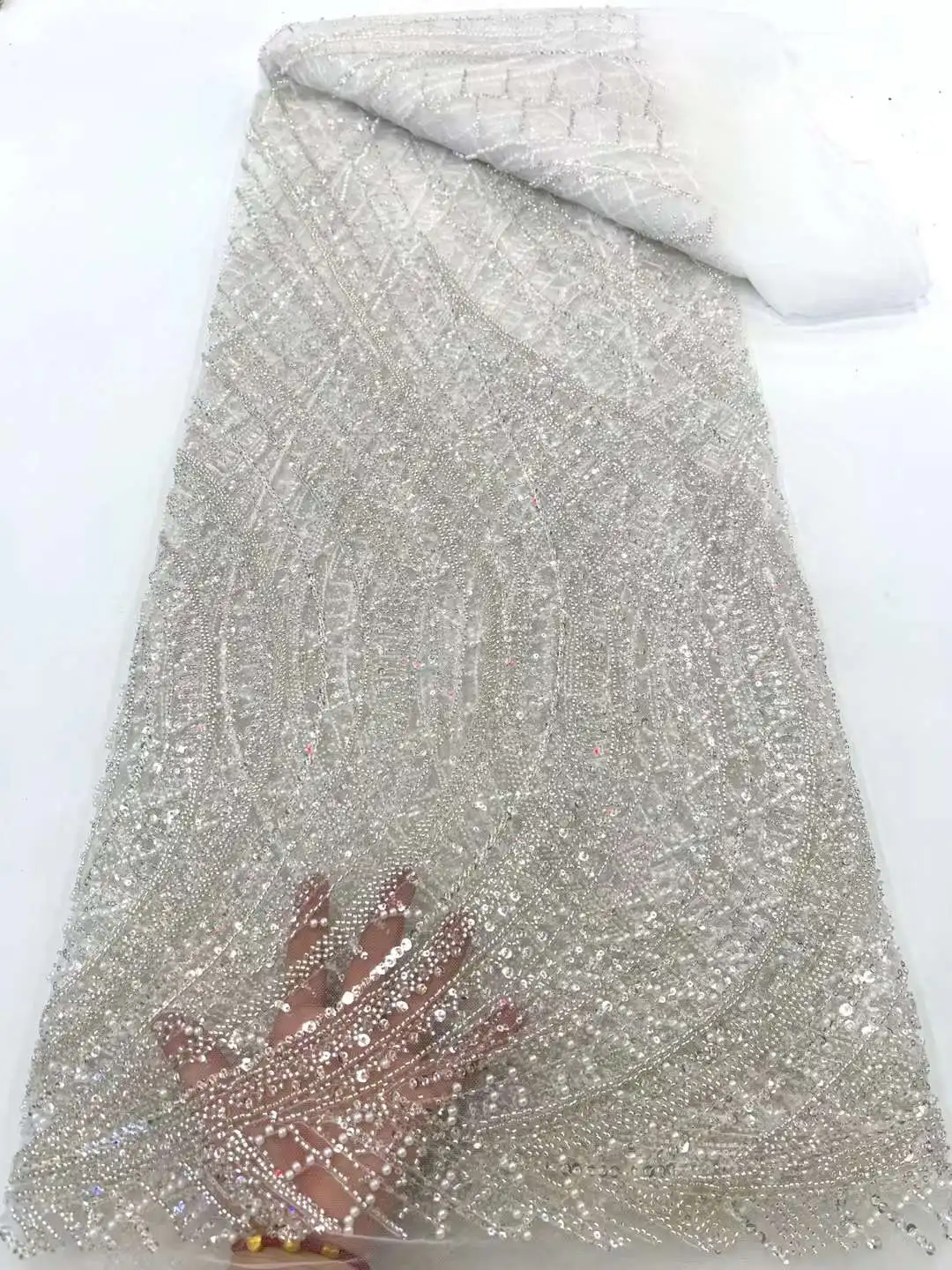 

Lastes Nigerian Heavy Beaded Lace Fabric With Sequins 2024 High Quality French Embroidered Mesh Fabric For African Party Xc