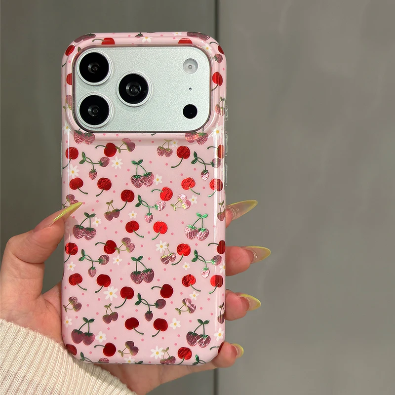 Niedliche Glitzer-Folien-Kirschblütenmuster Harte TPU-Handyhülle für iPhone 13 14 15 16 17 Pro Max Rückseite