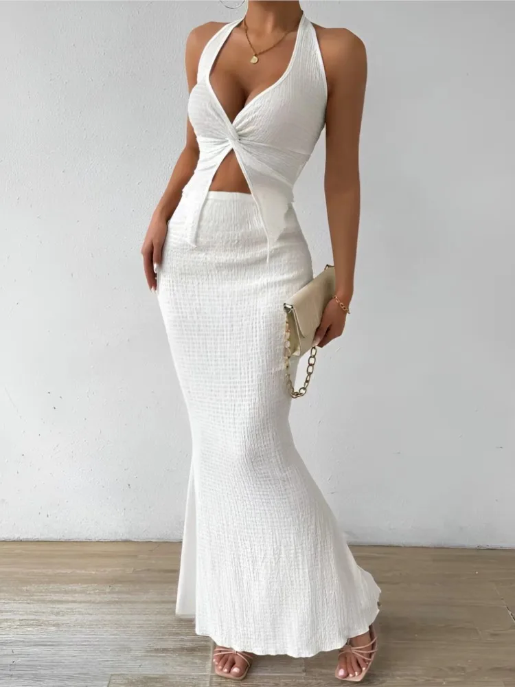 

New Casual Women Summer Sexy Solid Color Hanging Neck Top Long Skirt Fashion Two-piece Sets Tight And Elegant 2piece Set