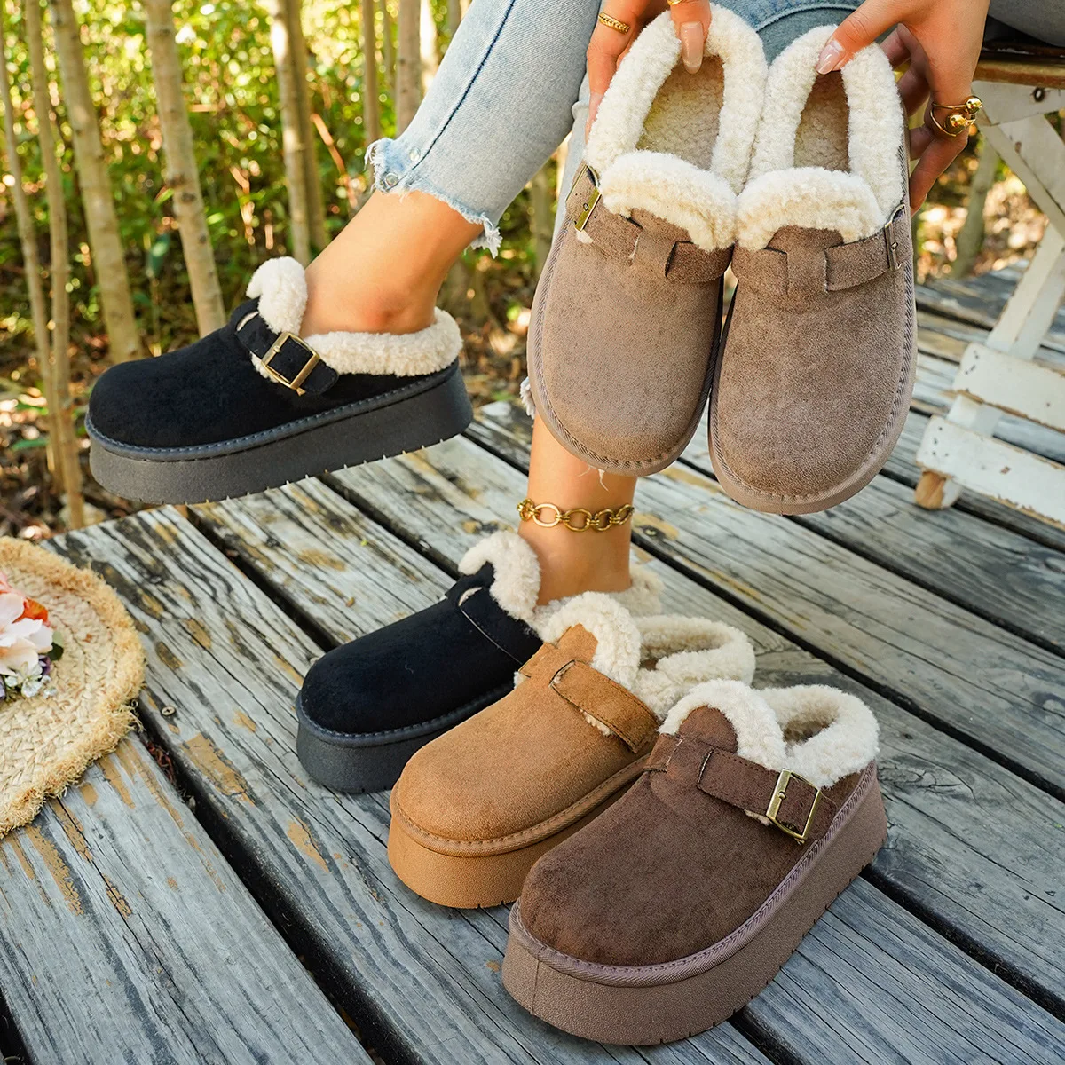 Large Size Thick-soled Half-tray Cotton Shoes for Women's 2026 Winter New Fashion and Leisure One-pedal Half-tray Cotton Shoes