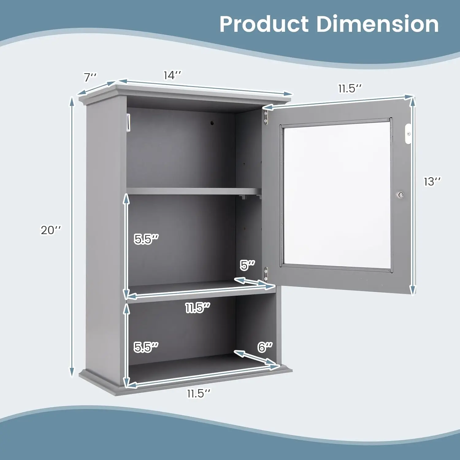 

Bathroom Cabinet, Wall Mounted Storage Organizer W/Door And Open Shelf, Hanging Medicine Cabinet (Grey)