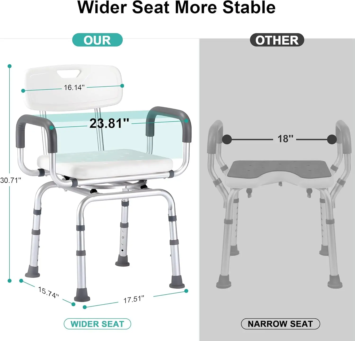 360-degree shower chair swivel, portable seat with armrests and backrest