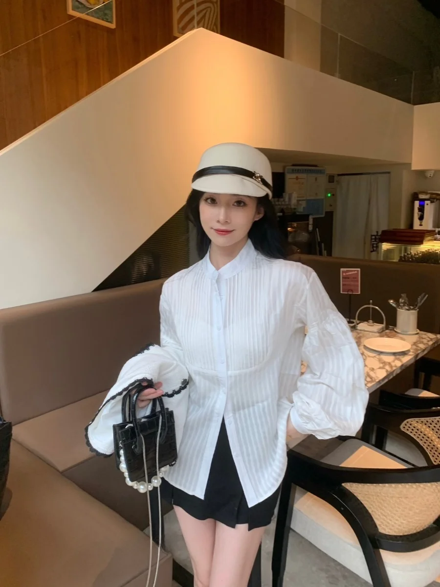 

White irt Simona Lantern Sve Mid-Length Loose Women's Top Small Stand Collar Vertical Stripes Versatile Casual irt