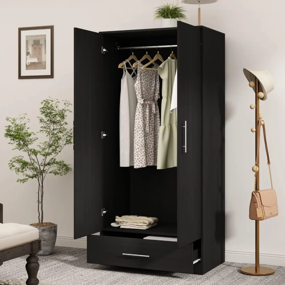 2 Doors Wardrobe Armoire with Drawer, Freestanding Armoire Wardrobe Closet with Hanging Rod, Bedroom Wood Clothes StorageCabinet