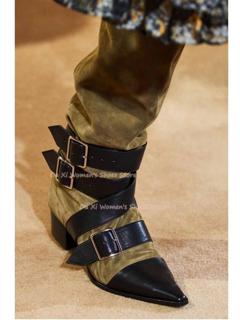 Women Two Tone Cowboy Ankle Boots Pointed Toe Block Heel Multi Buckle Strap Western Style Faux Suede Leather Spliced Boots