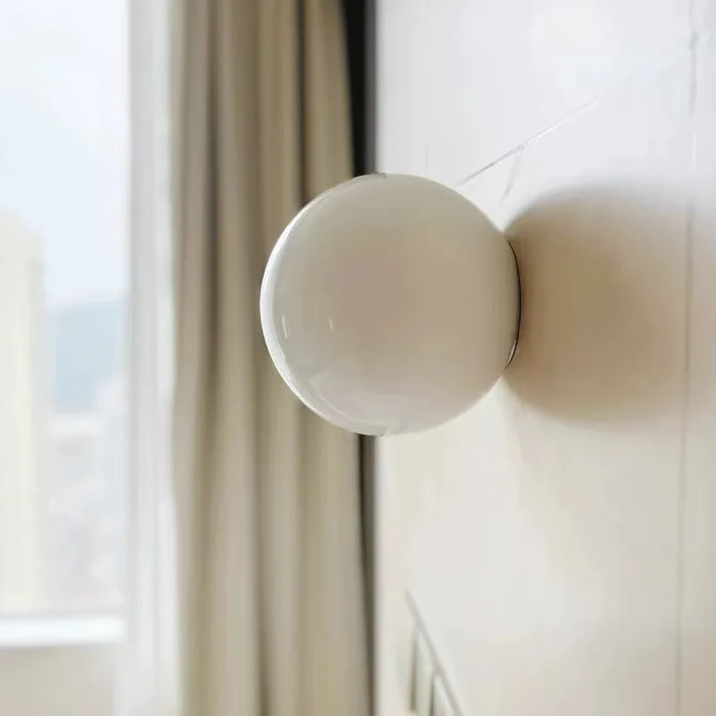 

White Round Glass Wall Lamp Modern Minimalist Bauhaus Cream Style Bubble Lights Study Bedroom Bedside Designer Background Light