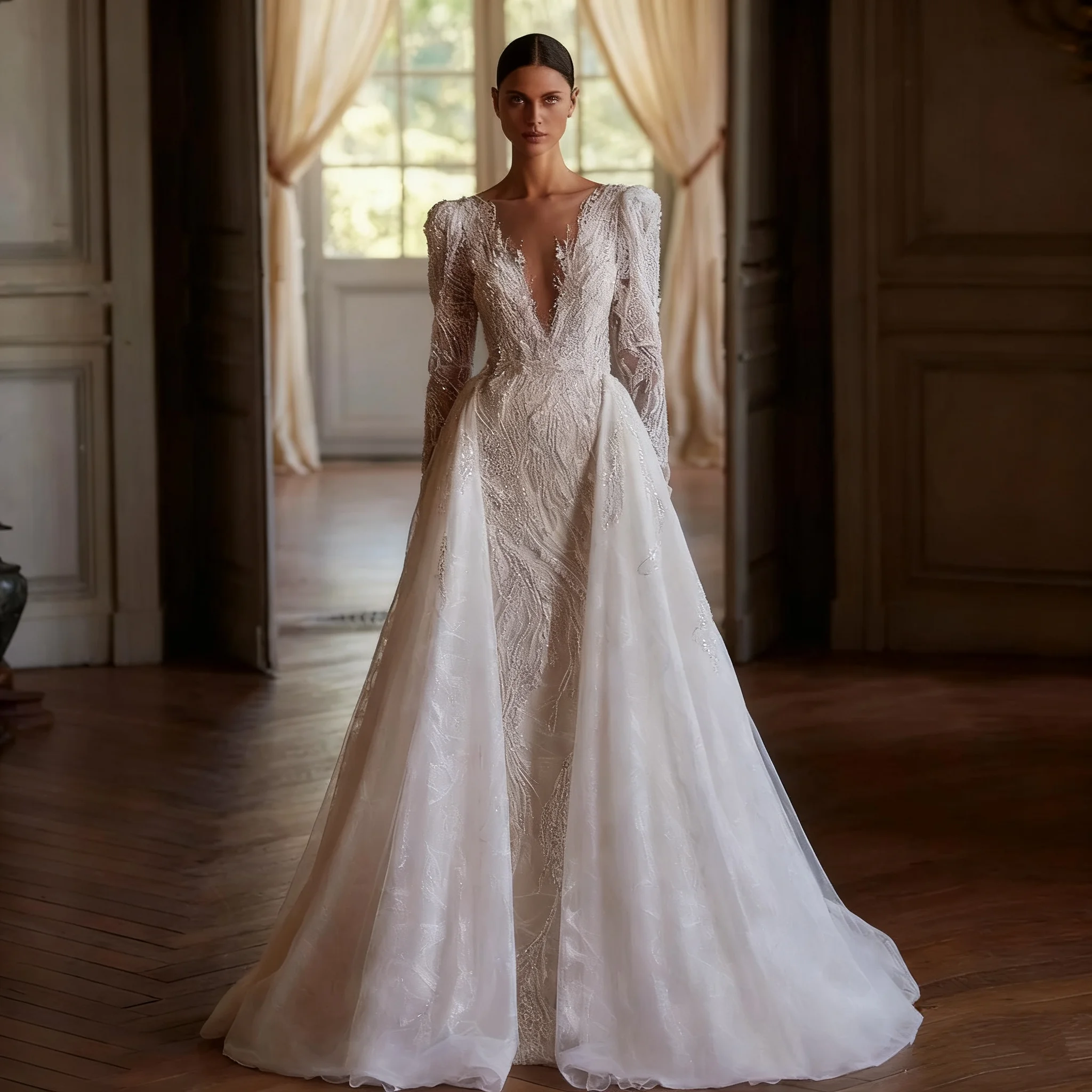 

Elegant Long Sleeve V-neck Mermaid Wedding Dress Vest Lace Embroidered Detachable Train Custom Vintage Bridal Dres