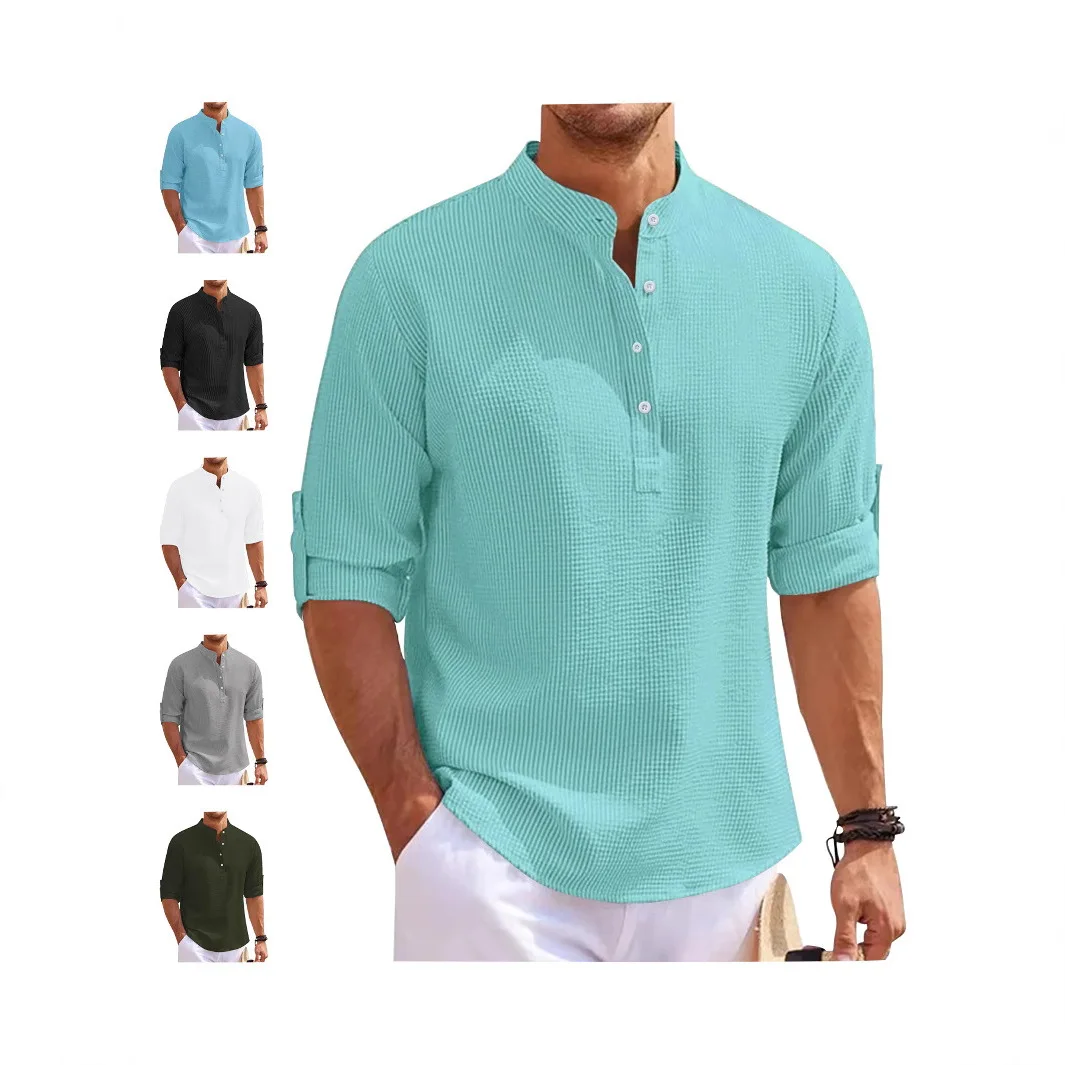 Men's Waffle Knit Henley Shirt Stand Collar Half Button Long Sleeve Roll‑up Cuff Casual Summer Tops