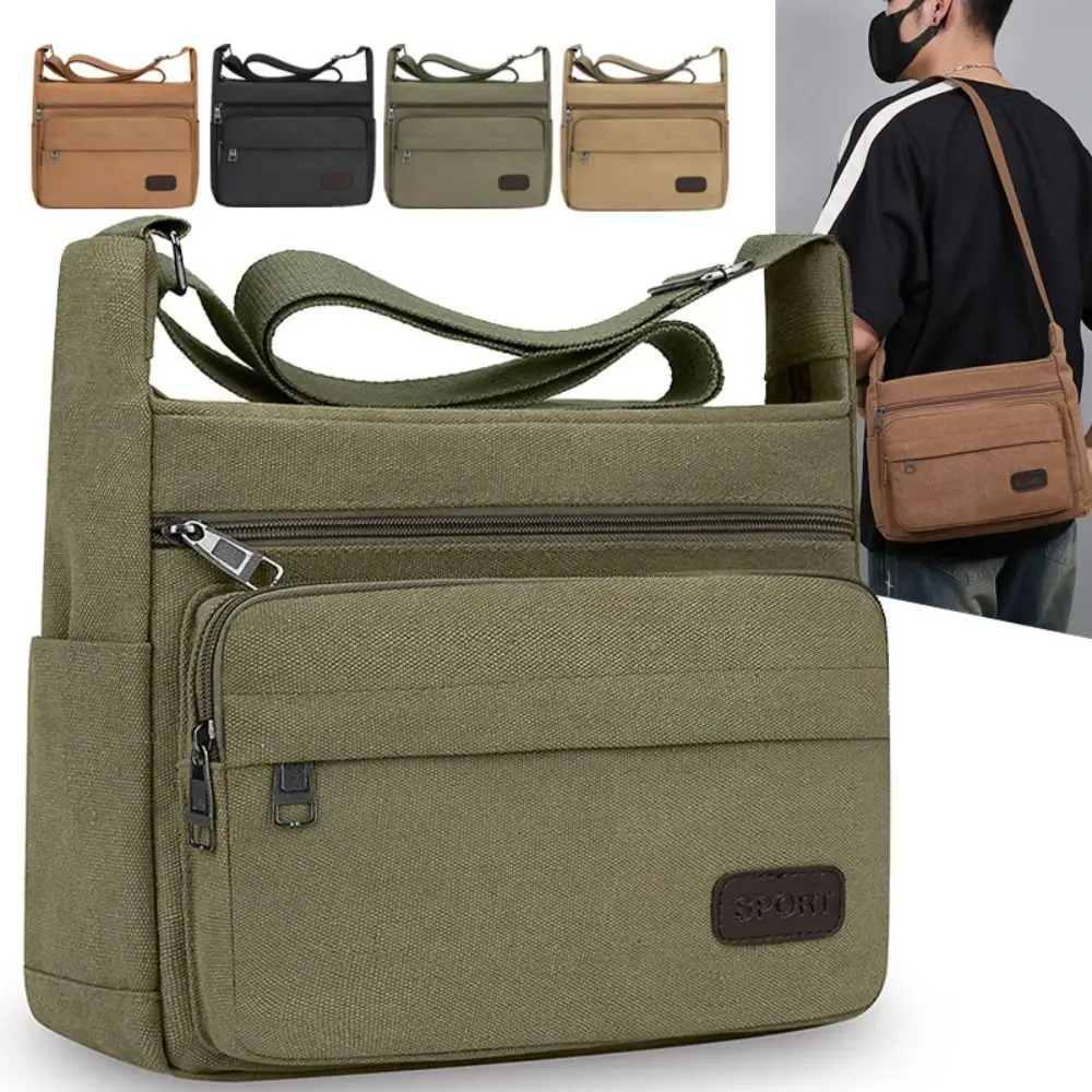 Portable Korean Style Men Messenger Bags Square Zipper Canvas Crossbody Bag Solid Color All-match Simple Phone Bag Men