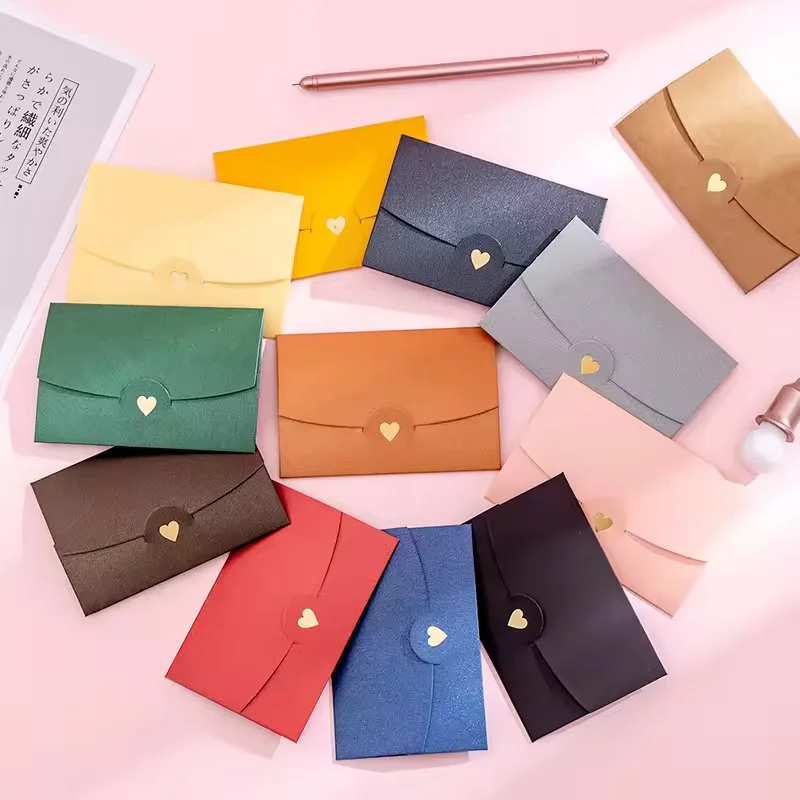 10Pcs Colorful Heart Envelopes Made Thick Cardboard Foldable DIY Paper Self-Locking Envelope Letterhead Gift Card Cover
