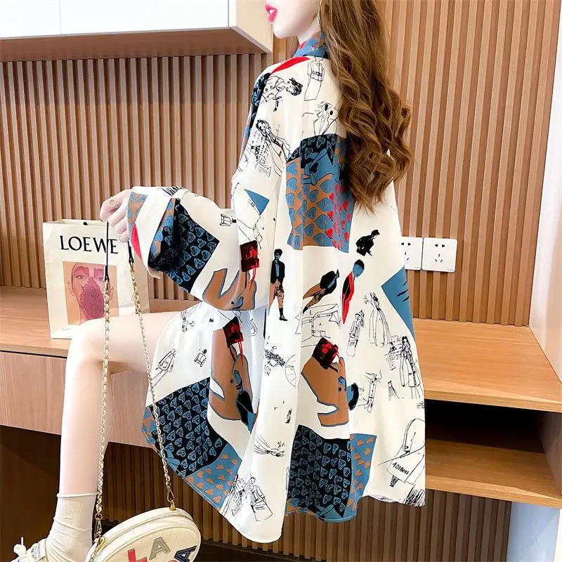 Women's Clothing Loose Fashion Casual Printing Buttons Preppy Style Office Lady Elegant Long Sleeve Turn-down Collar Blouses