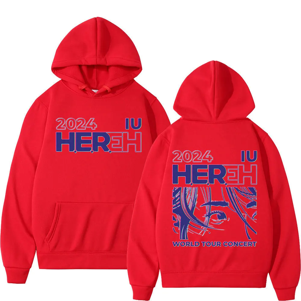 Kpop IU HEREH Hoodie de impressão dupla face para homens e mulheres, moletons de manga comprida, pulôveres casuais retrô, World Tour, tendência da moda, 2024