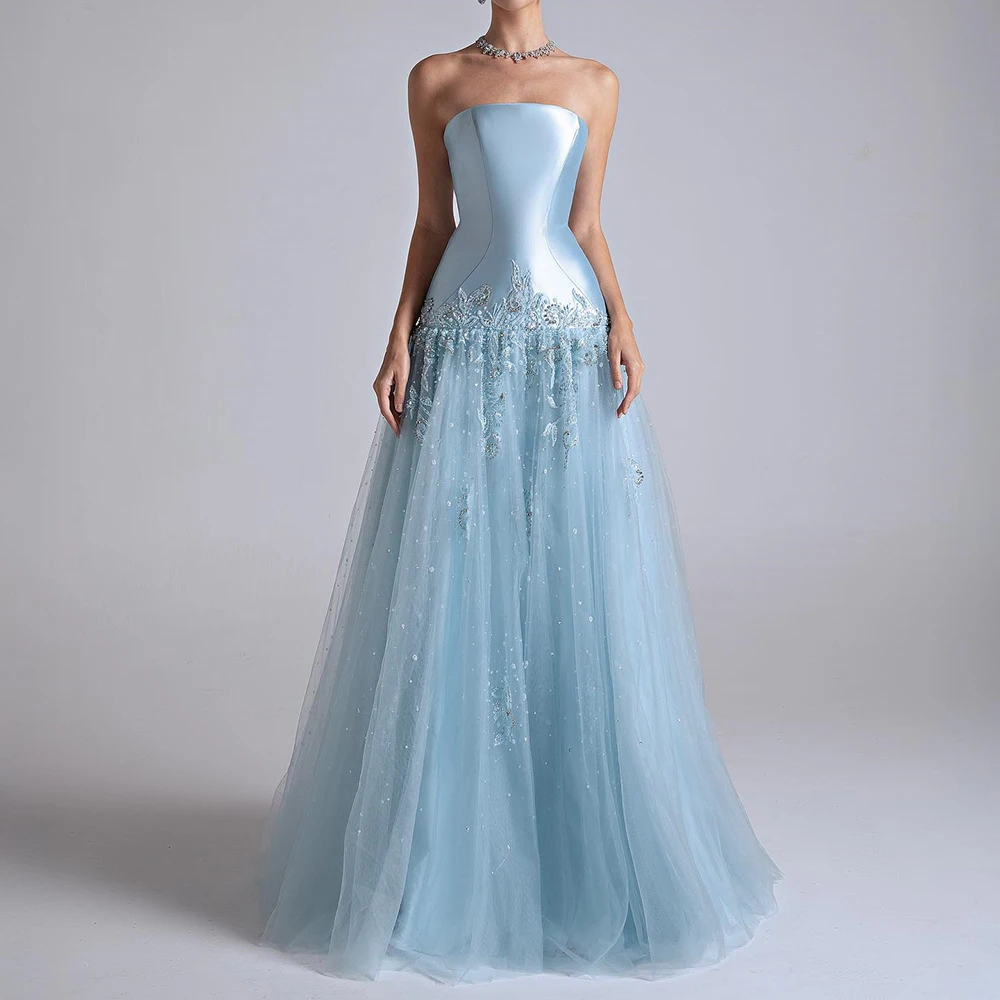 

Customized Mermaid Evening Dresses Floor-length Strapless Sleeveless Prom Gown Fashion Sequined Flowers Simple Draped Party Gown