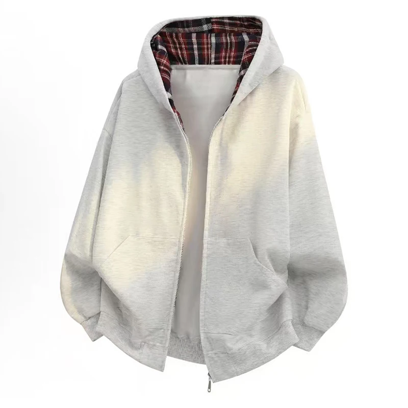 سترة كاجوال للرجال على الطراز الكوري، سويت شيرت فضفاض منقوش بغطاء للرأس وسحاب، معطف مفتوح من الأمام للشارع #3