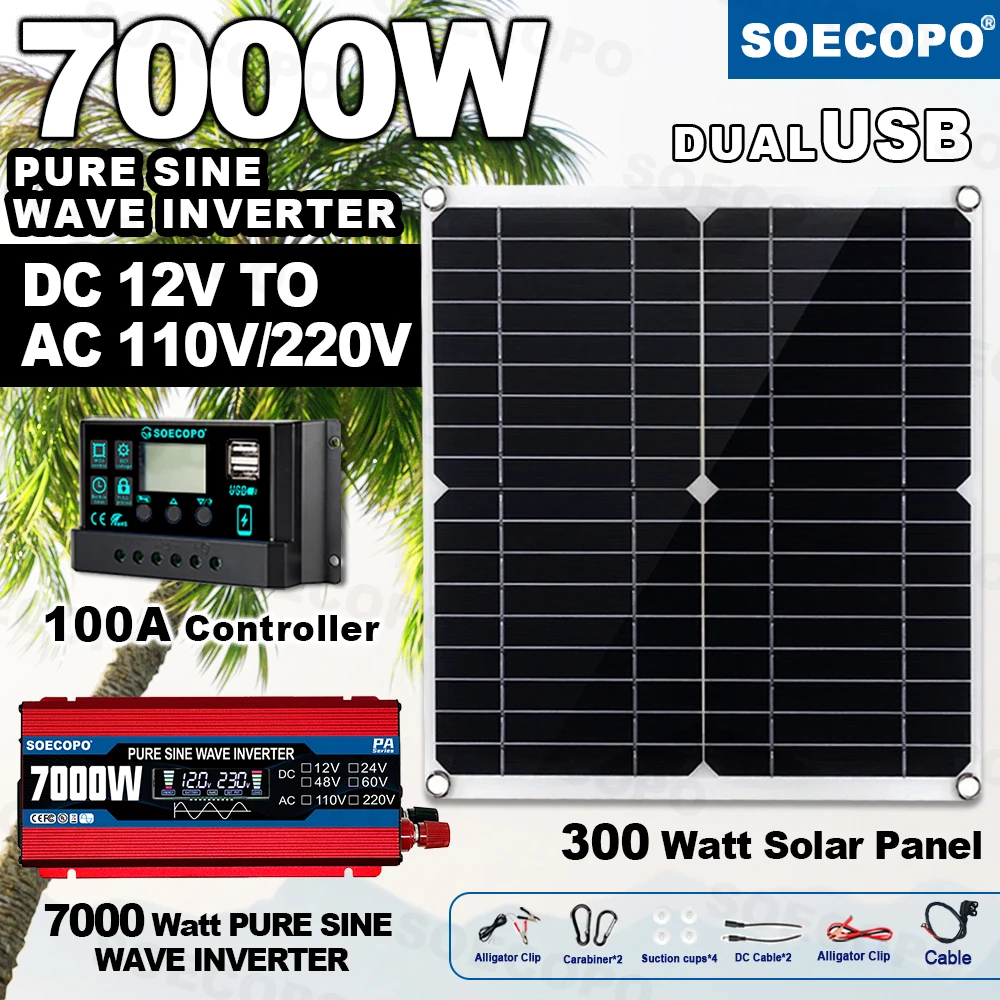 

SOECOPO 7000W Solar System Kit 300W Solar Panel Pure Sine Wave Inverter 12V To 110V/220V 100A Controller for Home Camping