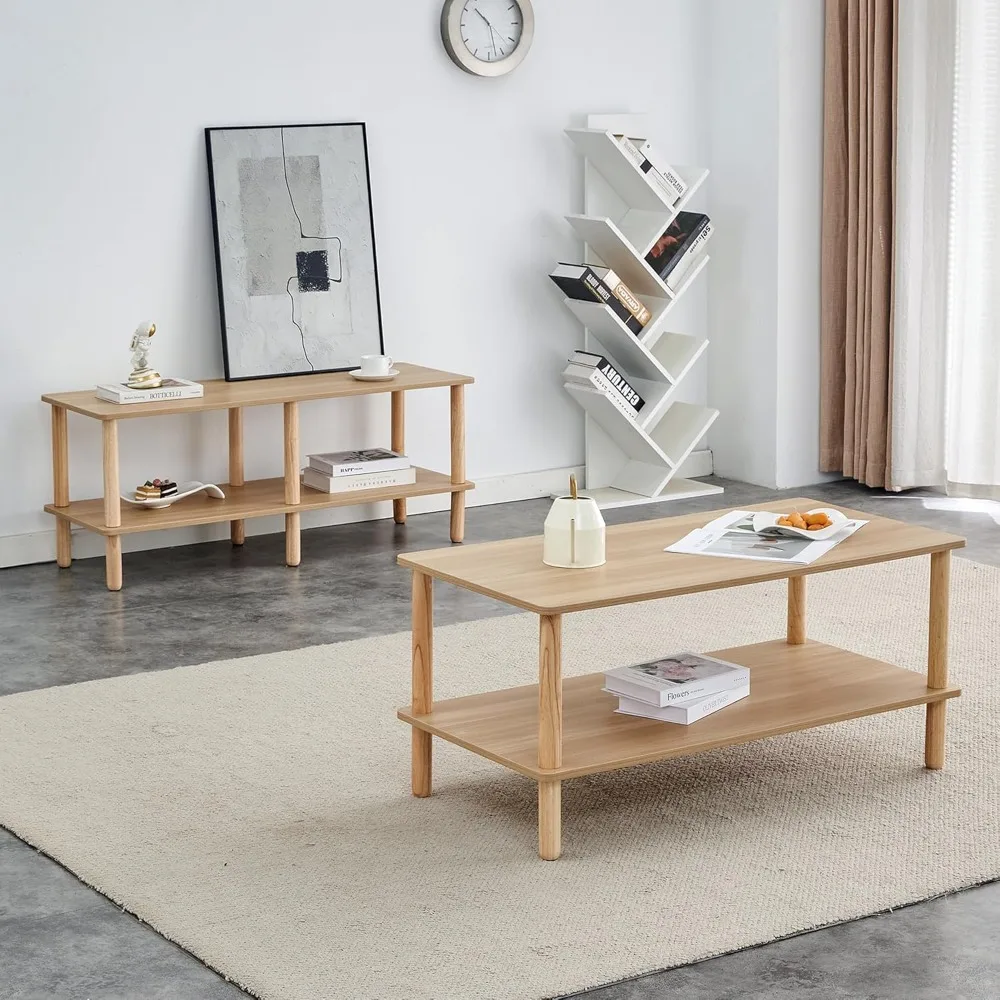 2-Tier Coffee Table for Living Room, Light Wood Coffe Table with Open Storage Shelf, Living Room Table
