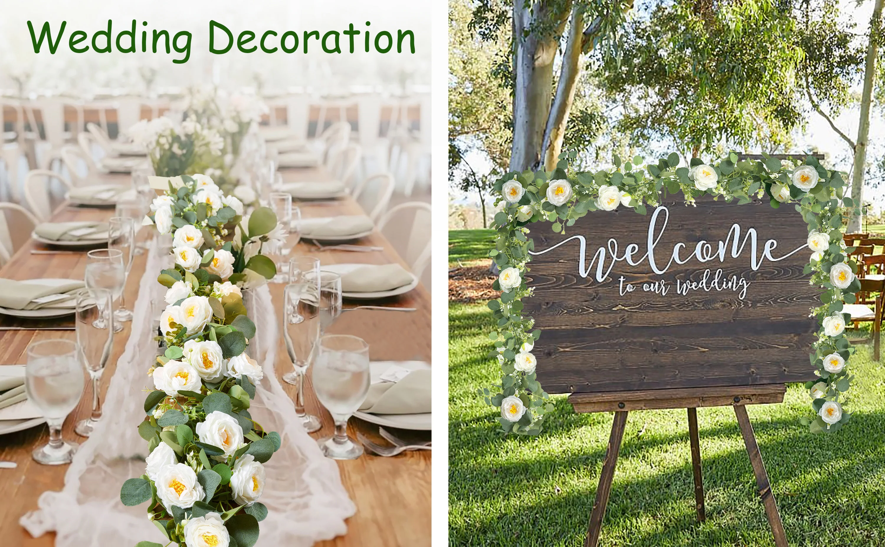 180 cm künstliche Eukalyptus-Girlande mit weißen Rosen, künstliche Blumenranken für Hochzeit, Party, Herzstück, Tischbogen, Heimdekoration – Detail 5