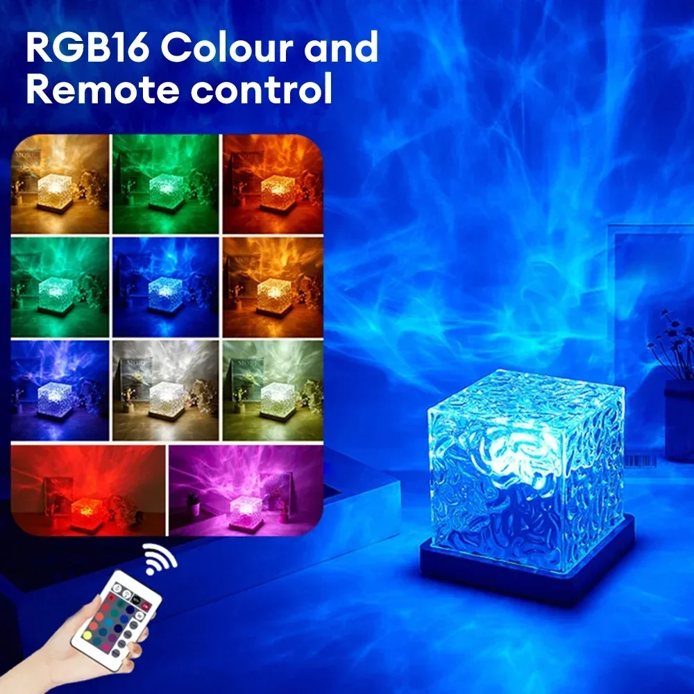 16 Colors Water Ripple Projector Dynamic Rotating LED Night Light with Remote Dimming Family Bedroom Romantic Ocean Decor Lamp