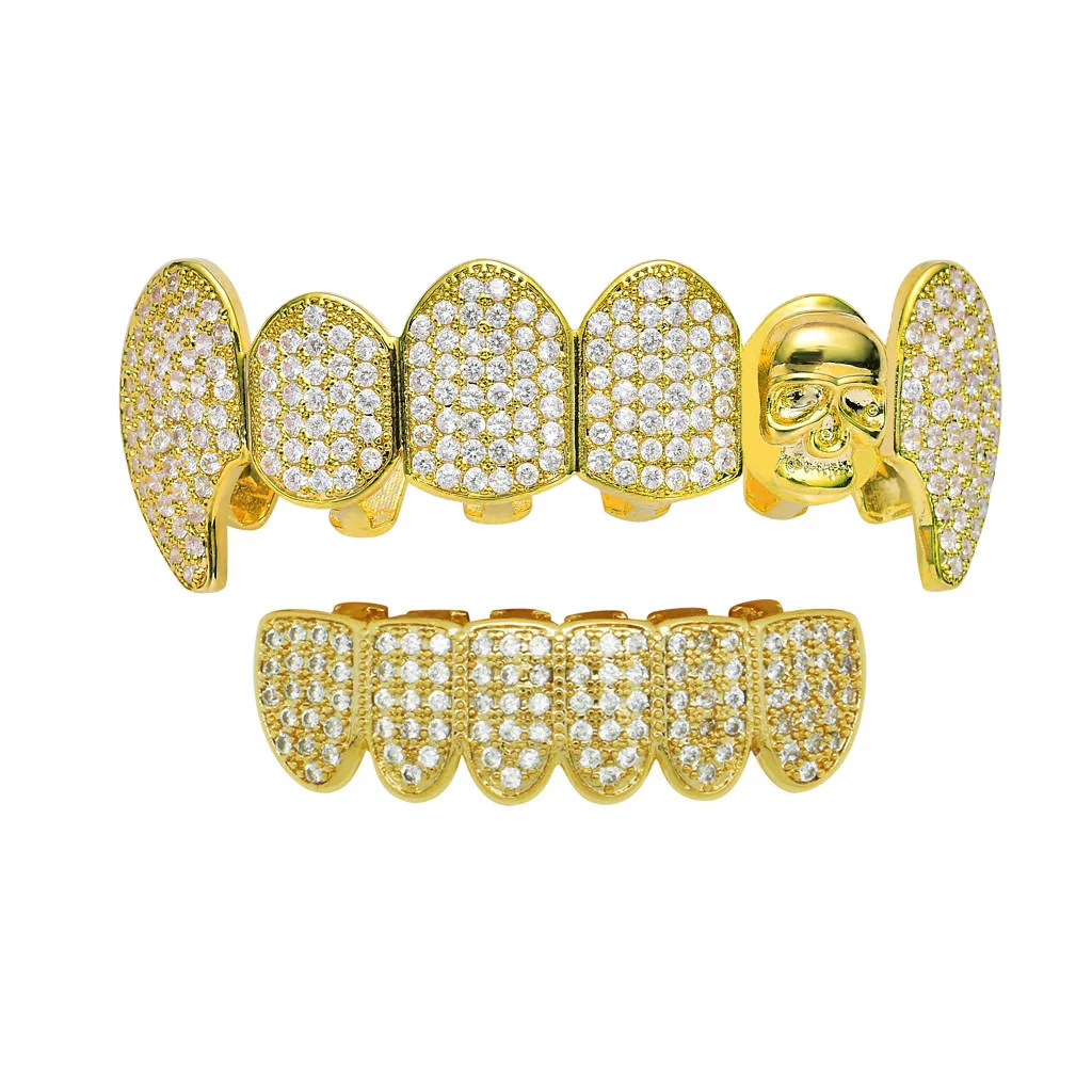 Hip Hop Teeth Grillz Skull Shape Gold Plated Dental Grills Rock Tooth Grillz Caps Crystal Teeth Caps Halloween Vampire Tooth