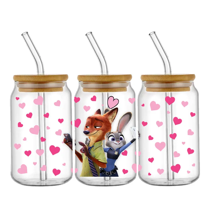 Zootopia أرنب الثعلب الشرطة نمط الأشعة فوق البنفسجية DTF نقل ملصق مقاوم للماء نقل الشارات لملصقات التفاف كوب زجاجي 16oz