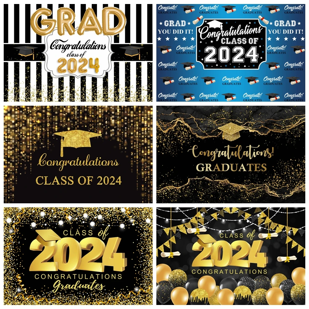 Class of 2024 Graduation Backdrop Black and Gold Glitter Balloons Custom Photography Background Congrats Grad Party Banner Decor