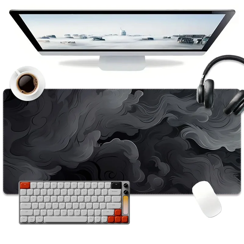 XXL Gaming Mouse Pad, Stylish Black and Gray Marble Design with White Smoke Pattern, Gaming Desk Accessory, Game Room Decor