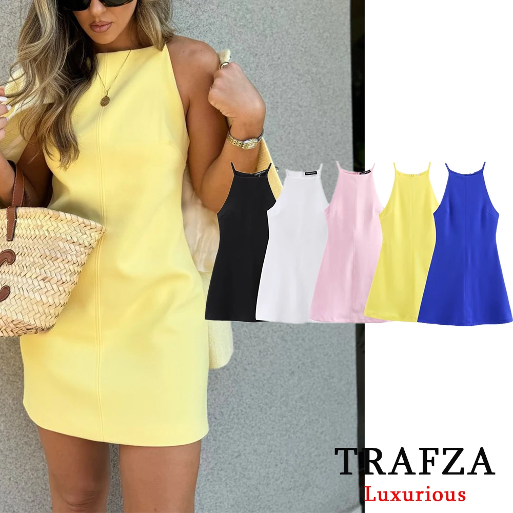 TRAFZA Sexy Solid Women Straight Mini Dress Halter Sleeveless Casual Underwear Party Dress Fashion 2024 Elegant Y2K Girl Dress