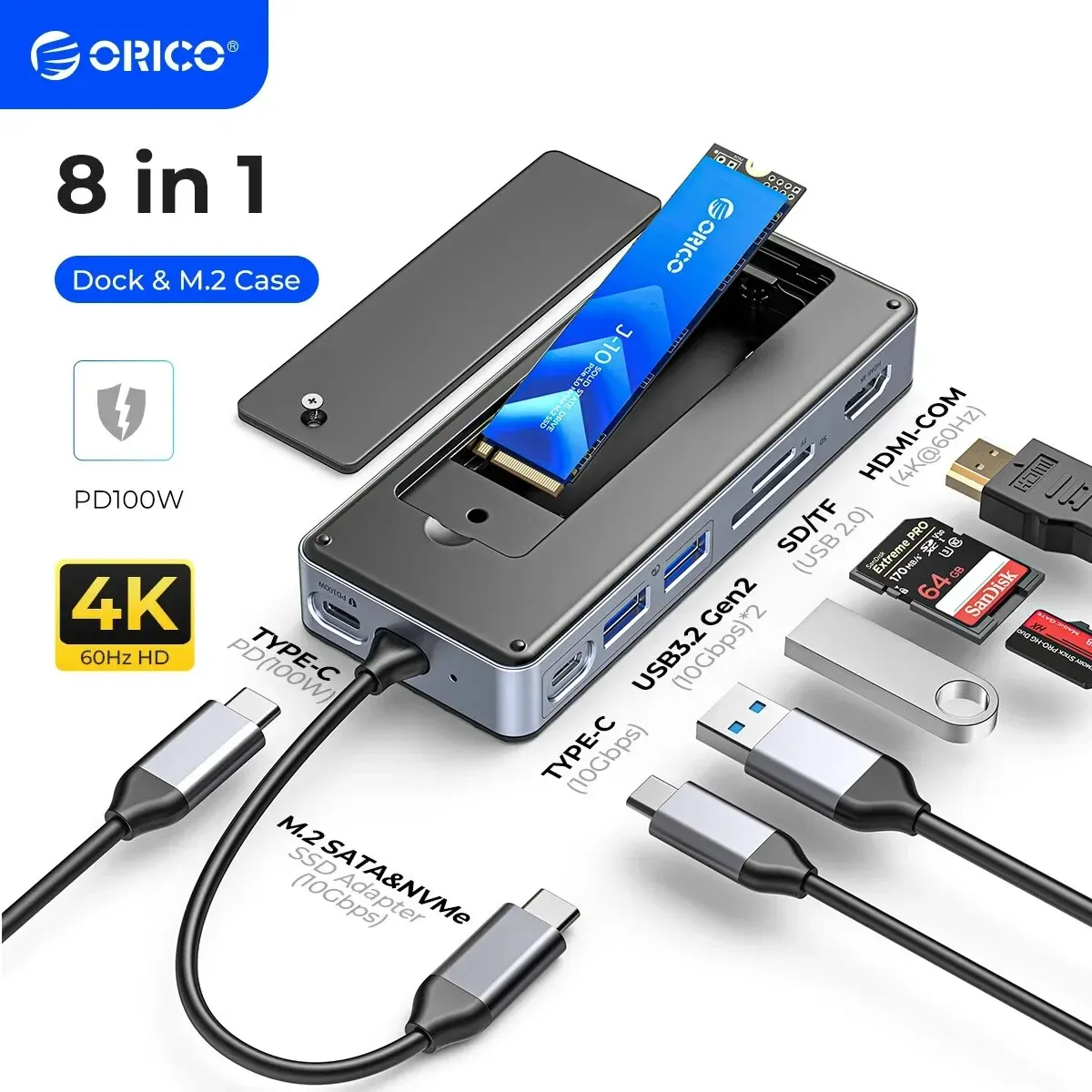 エンクロージャー付きORICO-USB cハブ、ラップトップドッキングステーション、hdmi-com、100w、pd、rj45、sdtf、10gbps、m.2 nvme、sata ssd、8テラバイト