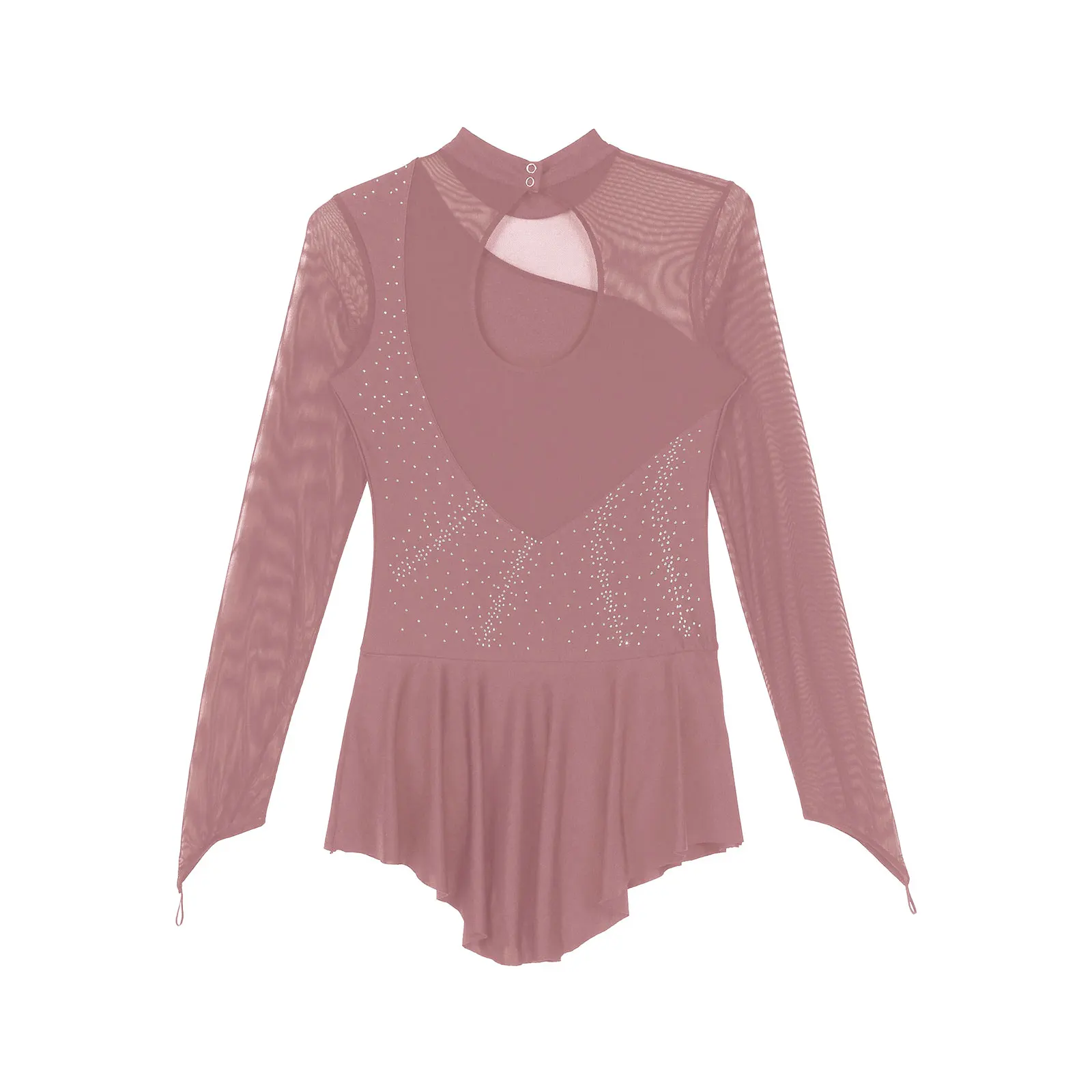 Vestito da body da ginnastica per balletto da donna maglia trasparente manica lunga con strass figura abito da pattinaggio su ghiaccio abbigliamento