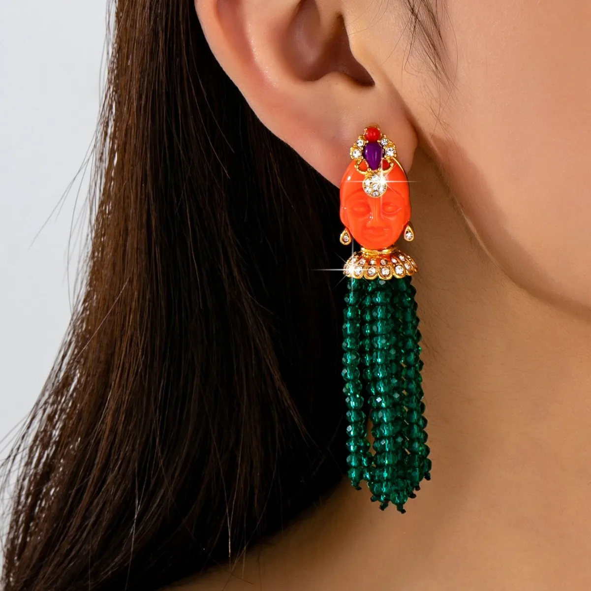 New Retro Resin Face Charm Green Bead Tassels Earrings Heavy Industry Statement Long Earrings Vintage Jewelry Christmas Earrings