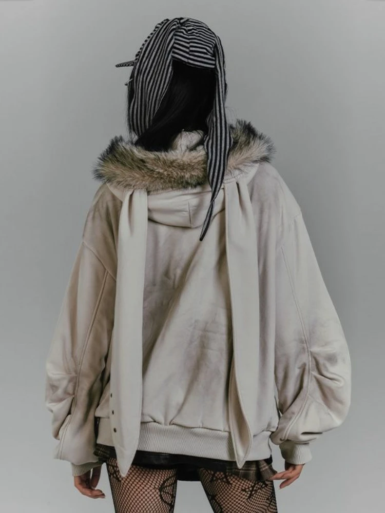 เสื้อฮู้ดขนเฟอร์พิมพ์ลายสไตล์เรโทรอเมริกัน Y2K สำหรับผู้หญิง เสื้อแจ็คเก็ตหูหูกระต่ายสีเทาวินเทจ สไตล์ฮาราจูกุ พังก์ แฟชั่นสตรีทแวร์สำหรับฤดูใบไม้ร่วง