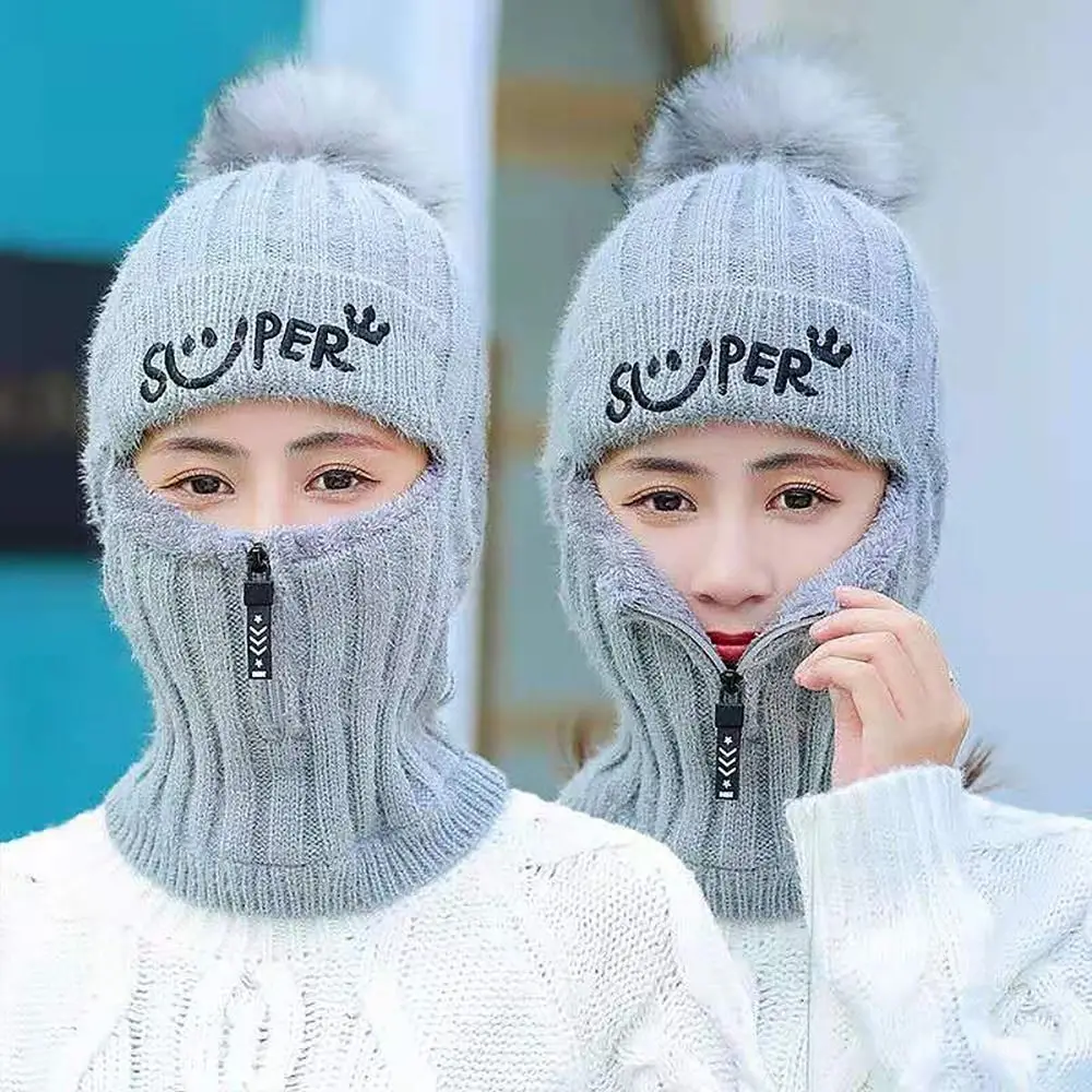 Warm Knitted Women Beanie Hat Scarf Pompoms Plush Neck Scarf Cap Zipper Windproof Siamese Scarf Collar Winter