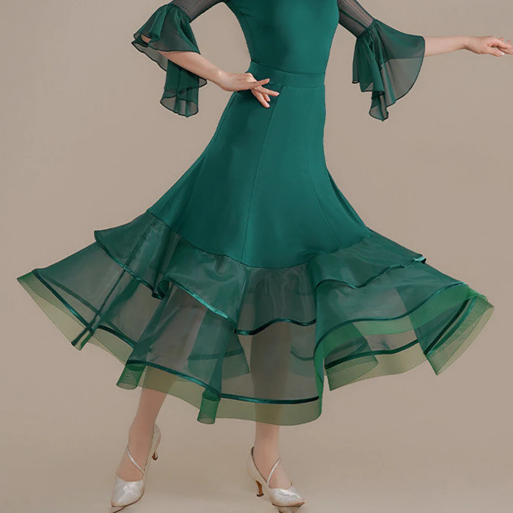 Tango Dress Waltz Perspective Women Black Fishbone Skirt Ballroom Dance Standard Quick Step Elegant Green High Quality
